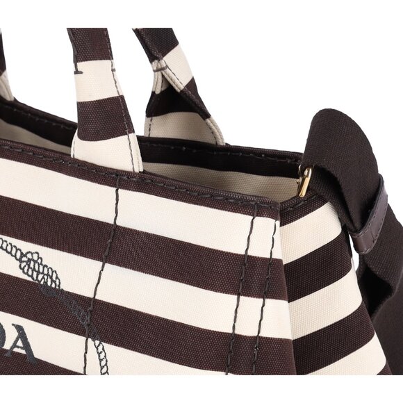 PRADA Canapa Large Canvas Tote Bag Brown White Stripe Shoulder Bag - Picture 6 of 16